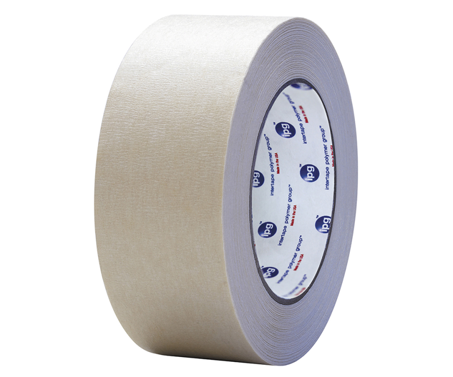 A roll of beige adhesive tape with printed branding visible on the inner core. Intertape® Natural Masking Tape (1 in. x 60 yd., 36/Case)
